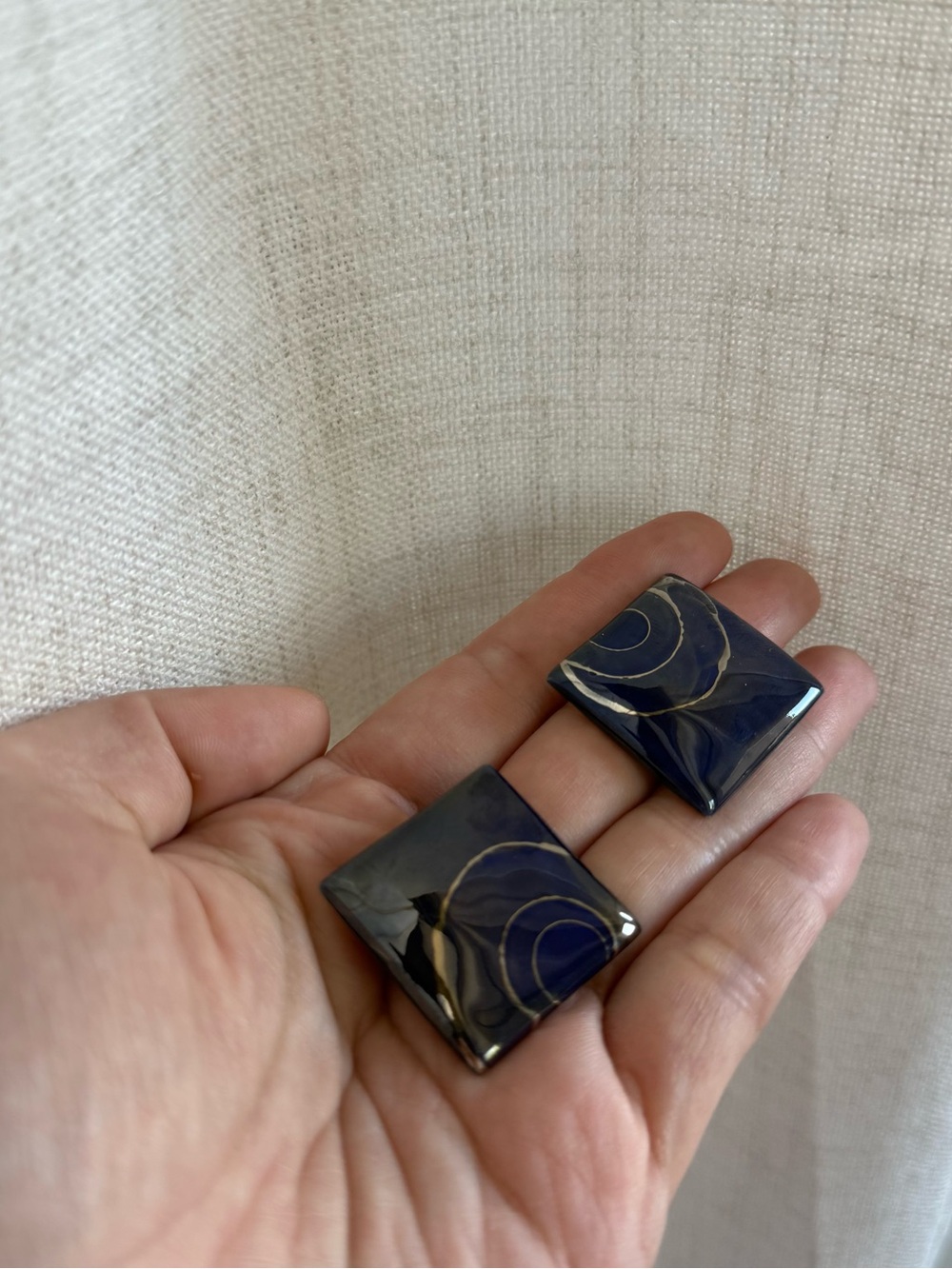 Vintage 1980s Navy Blue Geometric Square Stud Earrings Lucite Resin Art Deco